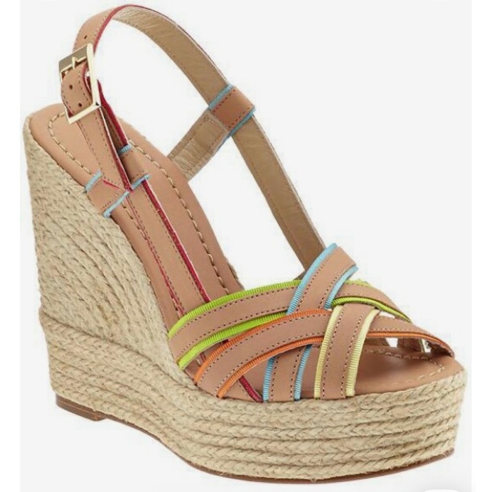 Kate Spade NY Lana Tan Leather Rainbow Platform Wedge Heel Sandal Espadrille 5.5